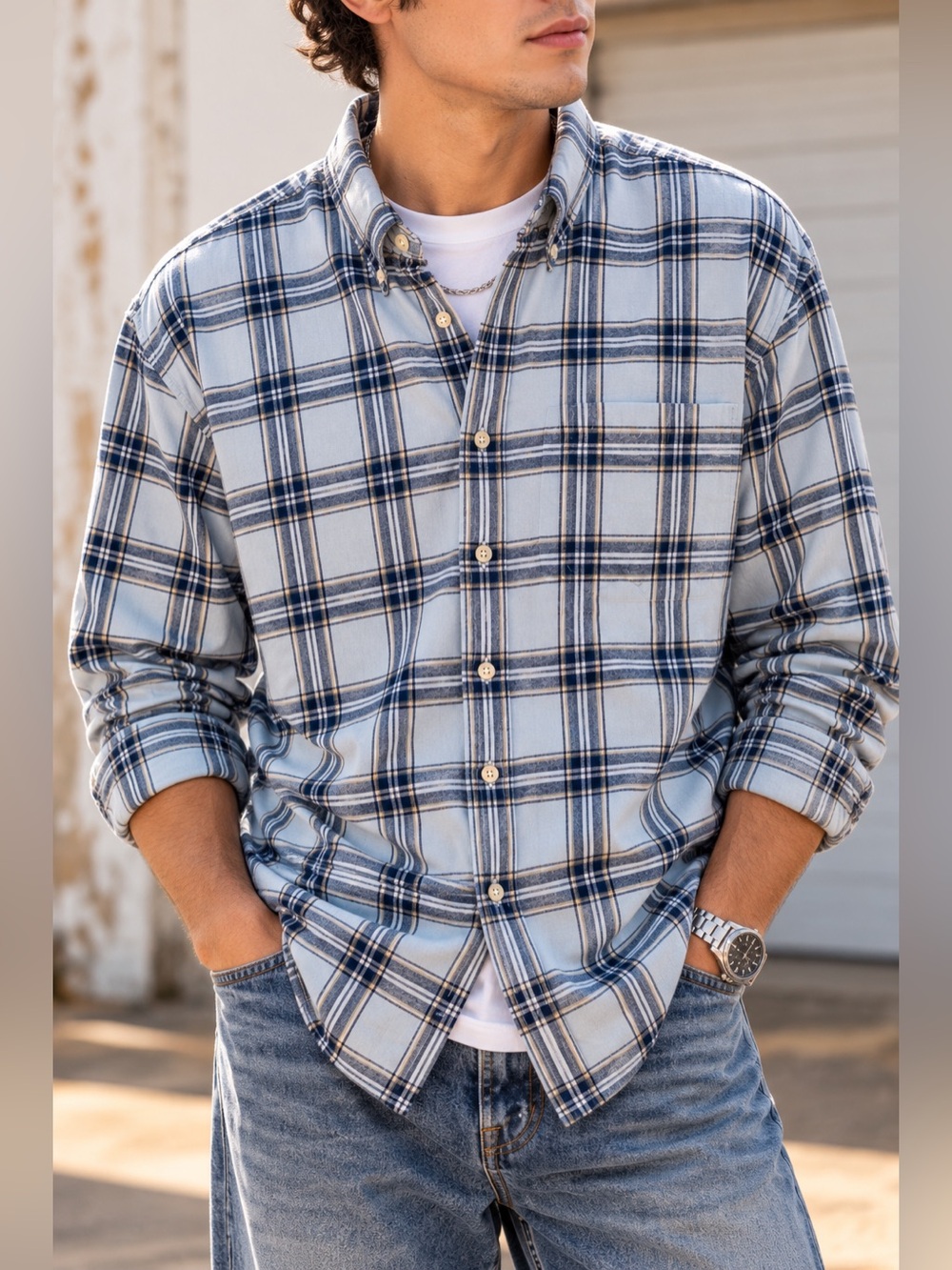Abercrombie & Fitch Light Blue and Navy Plaid Button-Down Flannel Shirt  Large